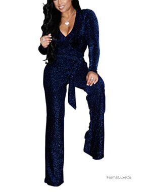 Sequin Jumpsuit Women Plus Size Long Sleeve V-Neck Wide Leg Party Clubwear